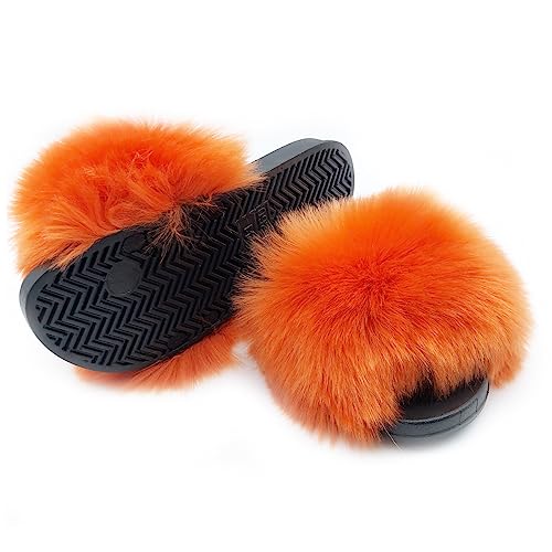 Unpafcxddyig Women Faux Fox Fur Slippers Feather Vegan Leather Open Toe Slip On Sandals3