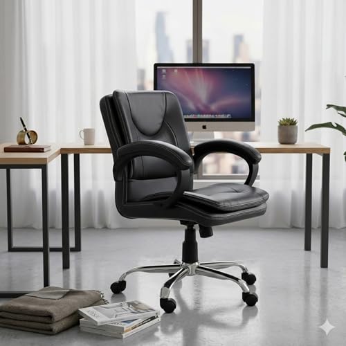Image of Cushno Ergonomic Executive Office Chair | Premium Leatherette Double Cushioned | Medium Back Computer Desk Chair with Armrests, Tilt Mechanism & 360 Swivel | Heavy Duty Metal Base (Black)