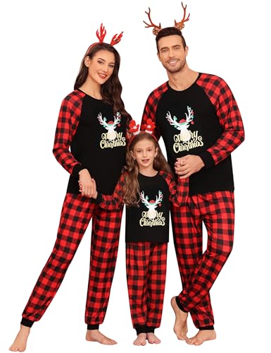 SWOMOG Christmas Matching Couple Pajamas Sets Family Xmas Jammies Casual Long-Sleeve Sleepwear Sets Festival PJ Set Women and Men Gold Letter Deer Large