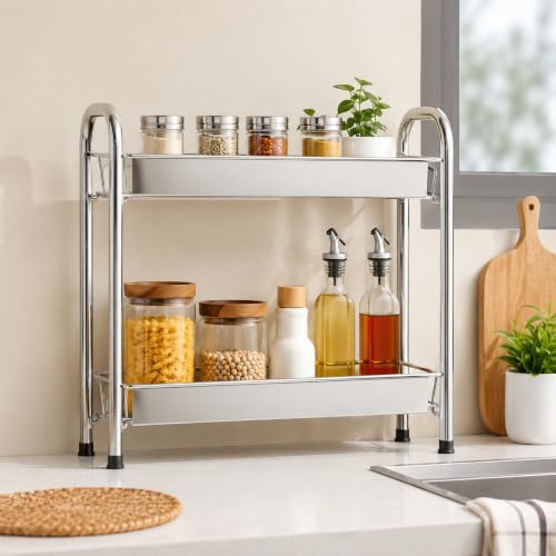 Image of Zepdos Stainless Steel 2-Tier Kitchen Rack and Organizer Spice Rack for Kitchen Container Organizer Counter top Pantry Stand, Spices Jar Holder Cup Glass, Dish Rack (2 Tier Rack Silver)