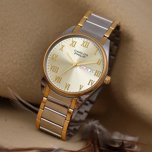 Image of Carlos Philip Men's Roman Numeral Analog Watch - Day and Date Display, Stainless Steel Strap, Quartz Movement, Business Style Watch for Men