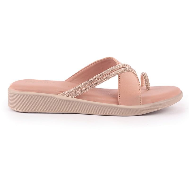 Image of FAUSTO Women Embellished Shimmery Cross Strap Toe Ring Wedding Slip On Slippers | Soft Cushioned Footbed Wedge Sandals | Party, Mehndi, Festive