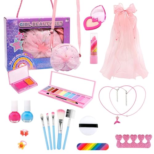 Veeteah Juego de maquillaje infantil para niñas, juego de maquillaje lavable para niños, juguete de maquillaje real, juego de maquillaje, maletín de maquillaje portátil, juego de maquillaje para niños