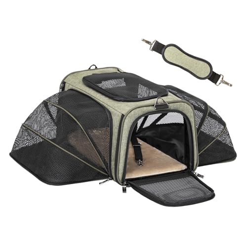Petsfit Trasportino per gatti approvato dalle compagnie aeree, trasportino espandibile su due lati, morbida borsa pieghevole per il trasporto con tappetino in pile, trasportino per cani aperto nella