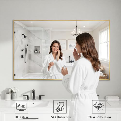 Image of Koonmi Gold Mirrors for Wall, 30x48 Inch Bathroom Mirror, Rectangular Wall Mirror for Living Room Bedroom Bathroom, Hangs Horizontally or Vertically