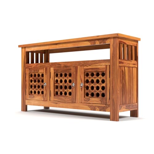 Image of Solid Sheesham Wood Wooden Cabinet Sideboard with 6 Shelves and 3-Door Storage Cabinet for Your Living Room Bedroom Storage (Liam, Honey Finish)
