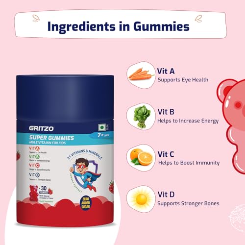 Image of Gritzo Super Gummies Multivitamin (7+y Kids) (Strawberry Flavour, 30 Gummies) | Zero Added Sugar, 21 Vitamins & Minerals | Pack of 2