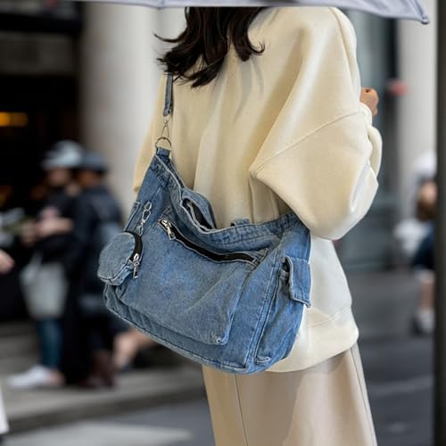 Denim Bag for Women Casual Denim Crossbody Bag Multi-pocket Jeans Shoulder with Tote & Hanging Pouch Large Capacity Zipper Closure Jeans Purse, Gifts for Women4