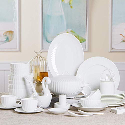 H3TF5J - Juego de vajilla de cerámica ósea, 56 piezas de porcelana en relieve, vajilla multifuncional para el hogar, esmalte seguro a alta temperatura, regalo de boda para el hogar