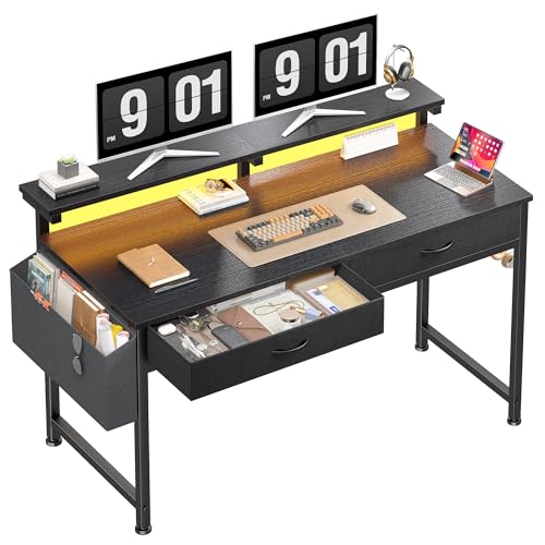 Image of DurayLoly 47.3Inch Gaming Desk with LED Lights with 2 Drawers, Home Office Desk Computer Desk with Side Pocket & Ergonomic Monitor Stand, Small Space Study Writing Table with Anti-Tip Design,Black