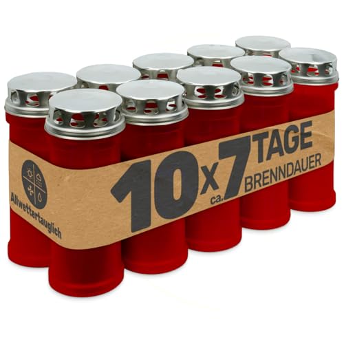 Gravidus Grabkerze rot – Lange Brenndauer von 7 Tagen, windgeschützt und langlebig, hochwertige Grabkerze aus Deutschland für dauerhafte Andacht (10 Stück)