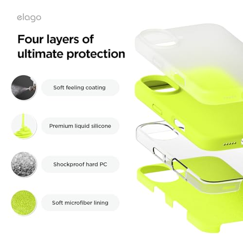 Image of elago Compatible with iPhone 16 Case, Premium Liquid Silicone Case, Full Body Protective Cover, Shockproof, Slim Phone Case, Anti-Scratch Soft Microfiber Lining, 6.1 inch (Neon Yellow)