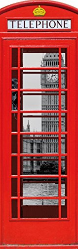 1art1 Londres Sticker Mural Cabine Téléphonique Rouge avec Big Ben Et Tamise, Collage, 1 Partie Poster Papier Peint Autocollant 240x75 cm