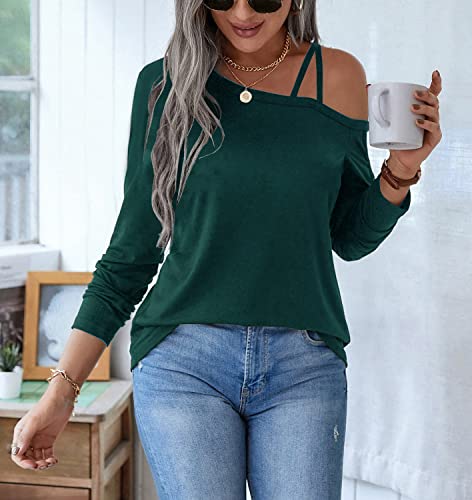 Makarthy Women's Off Shoulder Boat Neck Cold Shoulder Tops Long Sleeve Strappy Tunic Blouse T-Shirts A-Green #TOP1