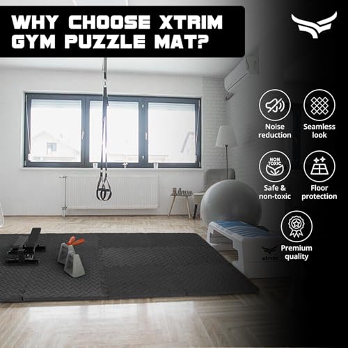 Xtrim Puzzle Exercise Mat (4 Tiles & 8 Borders, 16 Sq.Ft.Area) High-Density EVA Foam Mat, Interlocking Tiles, Shock Proof, Protective Flooring for Gym Equipment, Puzzle Foam Mat Home, Kids Area Black