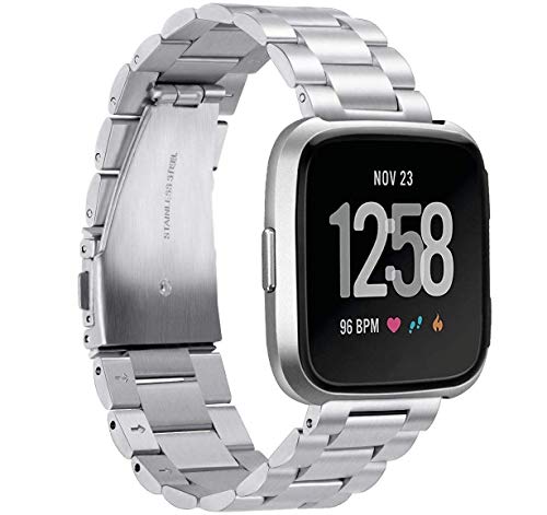 Stainless Steel Compatible for Fitbit Versa/Versa 2 /Versa Lite/Versa SE Bands Women Men,Ultra-Thin Lightweight Replacement Band Strap Bracelet Compatible for Fitbit Versa (Silver)