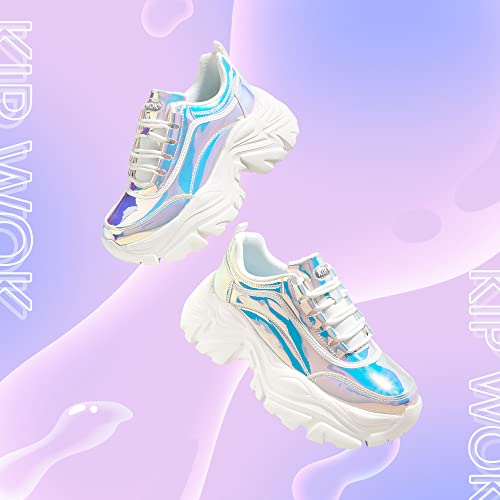 Image of K KIP WOK Chunky Sneakers for Women Fashion Platform White Leather Casual Dad Shoes Comfortable Wedge Walking Sport Sneakers