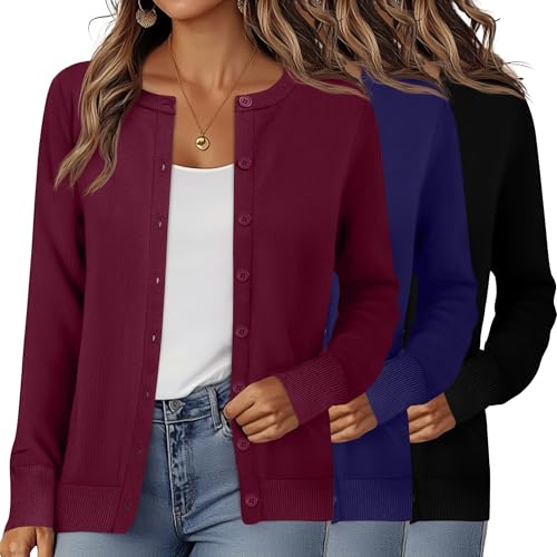 Riyiper 3 Pack Women's Lightweight Cardigans, Long Sleeve Crewneck Knit Cardigan Sweaters Casual Button Down Stretch Tops