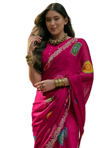 Image of SIRIL Women's Chiffon Scalloped Border Sequins Embroidery Saree with Unstitched Blouse Piece