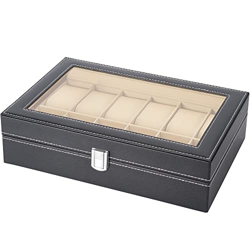 Readaeer 12 Slot Pu Leather Watch Box Display Case Jewelry Organizer With Glass Top #TOP6