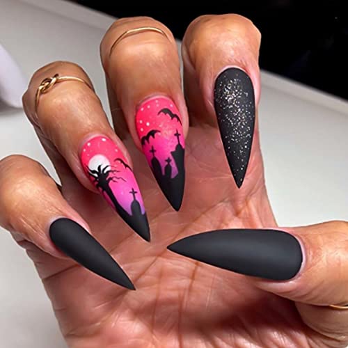 sharp nails for kids - Aksod Halloween Fake Nails Black Stiletto Press on Nails Long Sharp Gothic False Nails Designed Ballerina Festival Full Cover Artificial Dark Nignt Painted Nails Tips for Women and Girls 24Pcs (Style B)