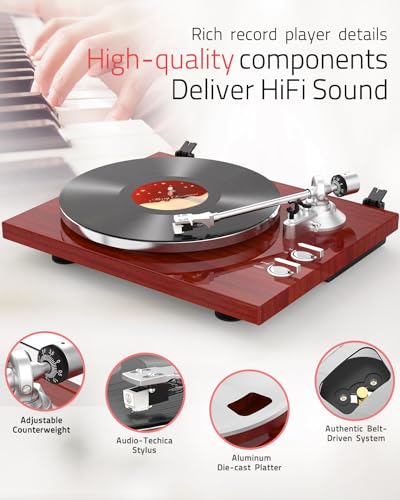 Image of Record Player Turntables for Vinyl Record Belt-Drive Wireless Output Connectivity Phono RCA Line USB Digital to PC Recording MM Audio AT-3600L Cartridge Stylus Adjust Counterweight Classic Piano Red