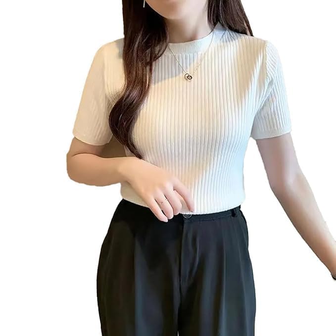 OsWorn Ribbed Cotton Half Sleeves Korean Tops for Women | Stylish Fancy Formal Top for Women Office Wear | Strechable Fabric Round Neck Trending Western Fitted Tops OsWorn Ribbed Cotton Half Sleeves Korean Tops for Women | Stylish Fancy Formal Top for Women Office Wear | Strechable Fabric Round Neck Trending Western Fitted Tops