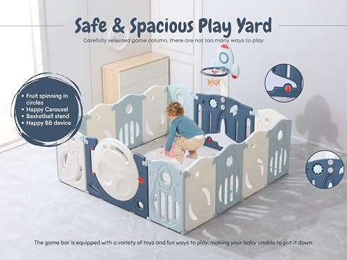 Image of 43 Sq Ft Space-Themed Baby Playpen with Soft Mat & Basketball | 18-Panel Extra Large Toddler Play Yard | Indoor /Outdoor Activity Center with Ball Pit | ISO 9001:2015 & CE | Blue-White