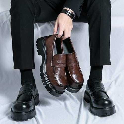 Men's Comfortable Soft Leather Platform Chunky Loafers Fashion Business Casual Formal Work Shoes Retro Round Toe Anti-Slip Lug Sole Slip-On Penny Loafers3