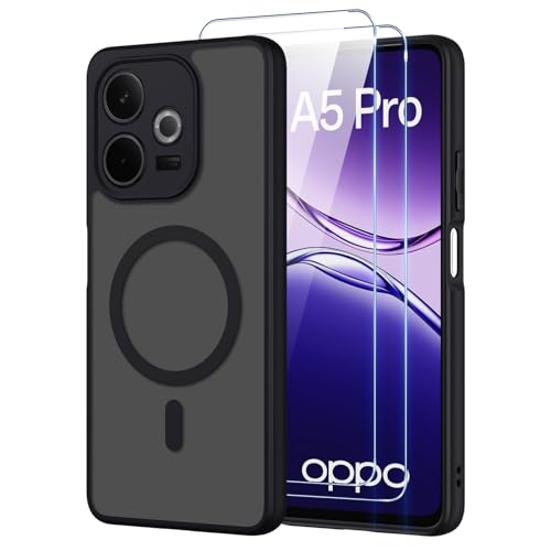 Pnakqil Magnetica Cover per OPPO A5 Pro 5G/4G Compatibile con MagSafe con 2 Vetro Temperato,Custodia Traslucida Opaca Protezione Militare Antiurto Robusta Protettiva Case per OPPO A5 Pro 5G/4G,Nero