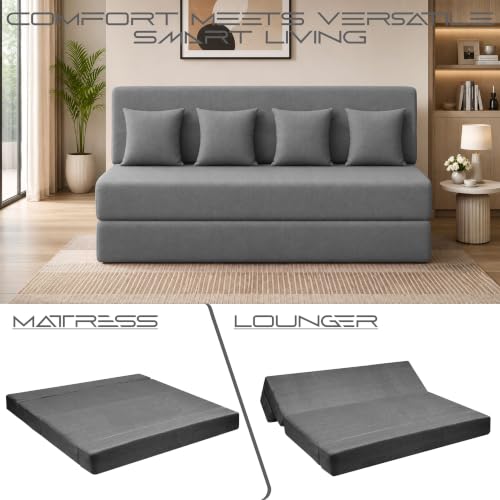 Image of Los Angeles Foldable Four Seater Sofa Cum Bed, Sofa Bed 6 X 6 Feet Jute Fabric Washable Cover Including 4 Cushion Perfect for Living Room & Office Guest Room - Grey Color