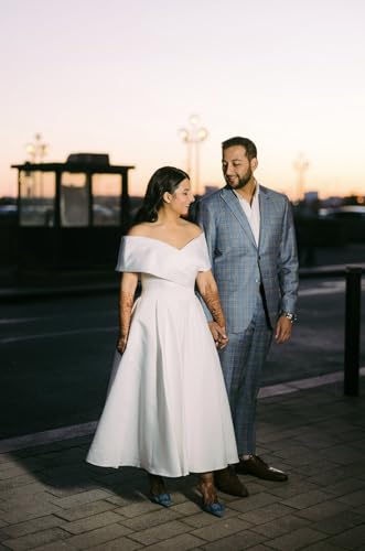 Image of Women's Off Shoulder Wedding Dress for Bride Tea Length A Line Satin Formal Prom Dresses with Pockets