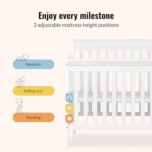 Dream On Me Jayden 4‑in‑1 Mini Convertible Baby Crib & Changer with Storage in White, Pinewood, GreenGuard Gold & JPMA, 1” Mattress Pad, 3 Mattress Heights, Converts to Mini Day & Twin-Size Bed