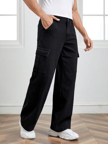 Image of KOTTY Men's Loose Fit Cargo Denim Jeans - Vintage Washed Utility Jeans with Side Pockets