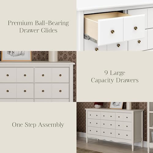 Image of Namesake Liberty 9-Drawer Wide Assembled Dresser (56 inch) with 9+ inch Drawer Extension in Warm White, Greenguard Gold Certified, Smooth Glide, Adult and Child Nursery Dresser, Vintage /Apothecary Design