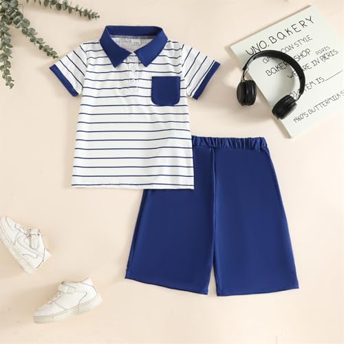 Image of Toddler Kid Boy Clothes Textured Striped Polo Collar Top Summer Shorts 2PC Summer Outfit Set