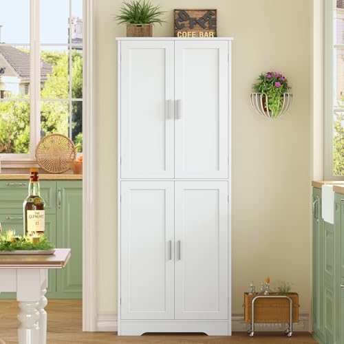 Image of TEENFON 67 inch Storage Cabinet, Kitchen Pantry Cabinet with 4 Doors and 2 Adjustable Shelves, Cupboard, Tall Bathroom Cabinets for Dining Room, Living Room, White