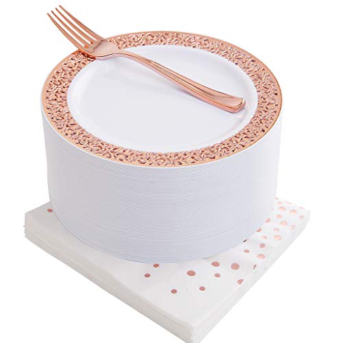 NERVURE 150 Pieces Rose Gold Dessert Plates Sets Includes: 50 Rose Gold Salad