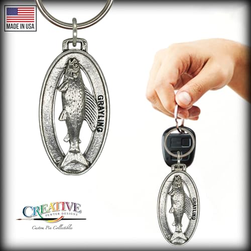 Grayling, Fish Keychain, Pewter F038, 1 3/4”, Artic, Salmonidae, Lapel Pin, Hat, Pins, Brooch, Brooches, Jewelry, Gift, 100% Handmade in the USA, 200 Fish Designs Available.4
