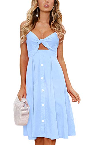 Image of ECOWISH Women 2026 Summer Dresses Tie Front V-Neck Spaghetti Strap Button Down A-Line Backless Swing Midi Dress