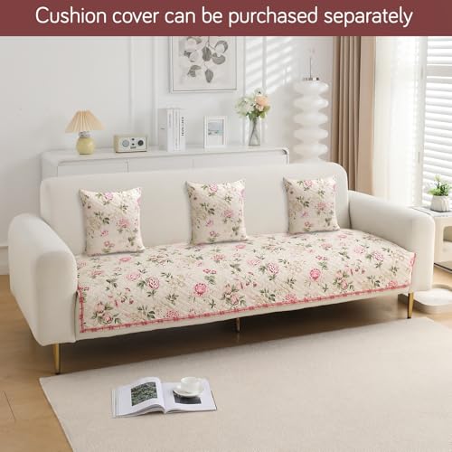 Image of HOKIPO 'HomeHues Series' Printed Quilted Sofa Cover Mat for 2 Seater Sofa, Beige Peonies (IN-807-D3*1)