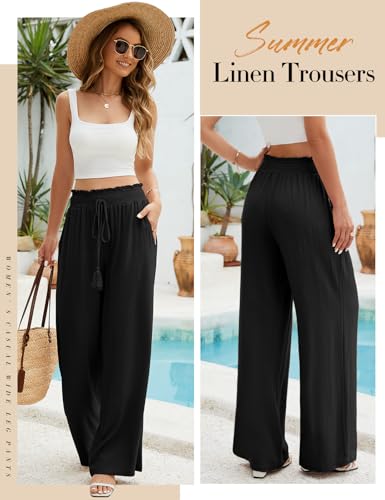 PASUDA Damen Leinenhose Sommer Hohe Taille Weite Bein Freizeithose Leicht Bequeme Casual Sommerhose Elastischem Bund Locker Stoffhose Hose (Schwarz, XL)