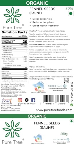 Image of Pure Tree Certified Organic Fennel Seeds | 250 Gm | Saunf, Variyali | Perumjeerakam Whole Spices Sombu Whole | Fennel Seeds Saunf | Organic Saunf Rich Flavour Sombu