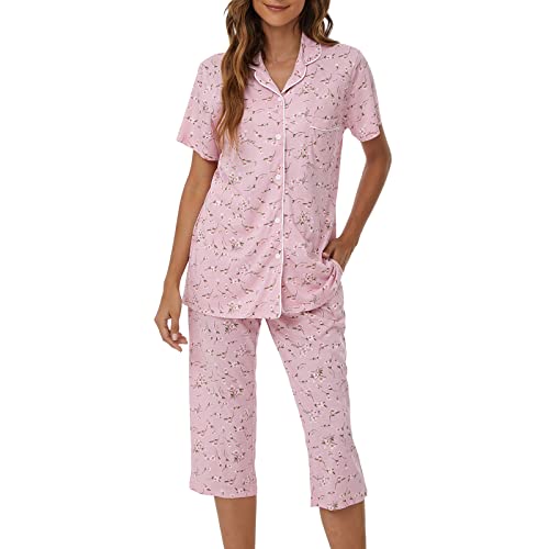 Image of Tugege Capri Pajamas Set Womens Button Down Short Sleeve Lounge Sets Sleepwear Notch Collar Top & Capri 2 Piece PJ Sets