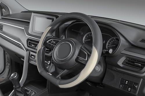 Image of SOFT X Flat Bottom Faux Leather Car Steering Wheel Cover Breathable & Anti Slip D Shape Steering Cover for Untlimate Comfort & Style (Beige & Black)