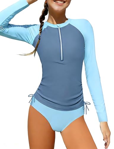 Image of Girls Rash Guard Swimsuits 2 Piece Half-Zip Long Sleeve Color Block Bathing Suits with Ruched Side Swimwear for 7-16Y