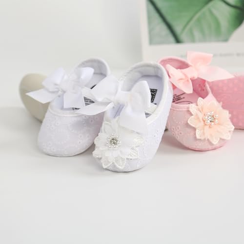Image of Baby Girls Mary Jane Flats with Bowknot Flowers Princess Wedding Dress Ballet Shoes Non-Slip Toddler First Walkers Newborn Crib Shoes