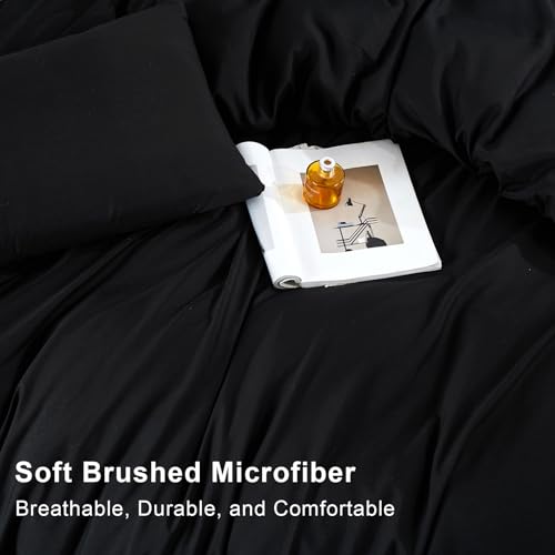 Soifox Double Duvet Cover Set - Black Bedding Set Double Bed with Zipper Closure, Soft Microfiber Quilt Cover with 2 Pillowcases - Image 3
