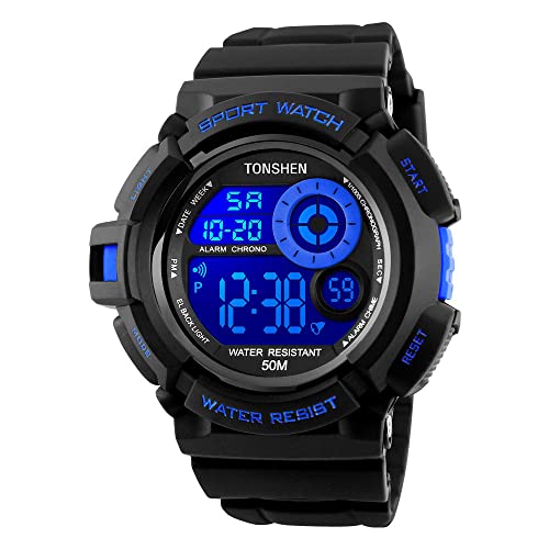 TONSHEN Men's LED Digital Electronic Military Watch Multi Function 12H/24H Time 164FT 50M Water Resistant Simple Design Sport Watches
