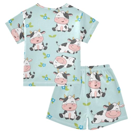 Pajama Short Sets Cute Cow Pattern Prints Soft Cotton Summer Sleepwear 2 Piece PJS Size 5-14T2